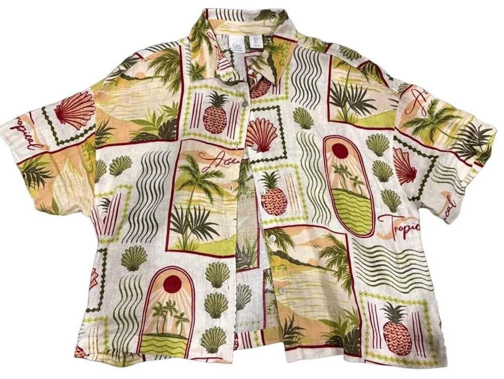 C&C California Womens 100% Linen Tropical Aloha Short Sleeve Button Down Shirt S